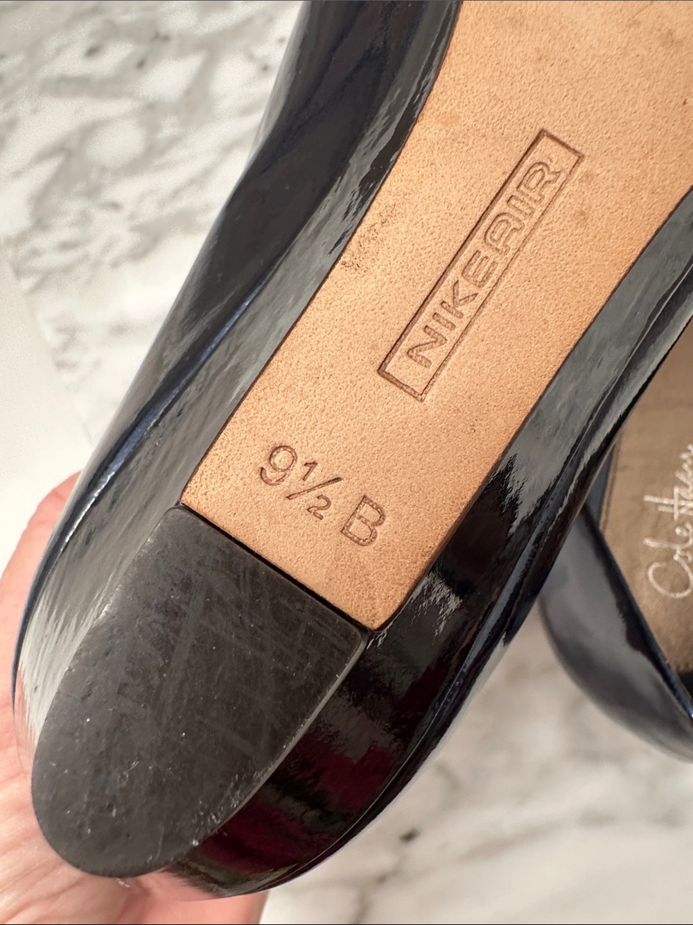 Cole Haan Nike Navy Patent Leather Peep-Toe Wedge Pumps - Picture 9 of 12